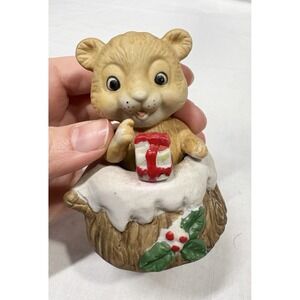 Vintage Enesco Bear Christmas Figurine with Present on Tree Stump Taiwan‎ Retro